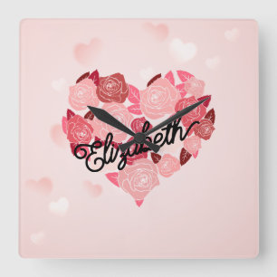 Retro Boho Floral I Heart Name calligraphy text Square Wall Clock