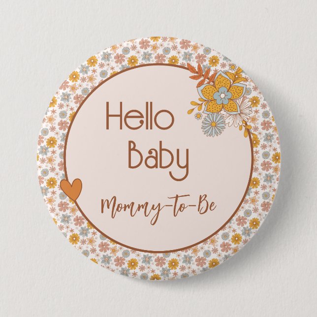 Retro Boho Floral Mummy to Be Baby Shower Button (Front)