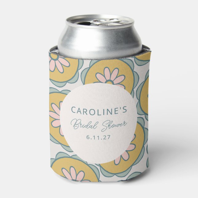 Retro Boho Floral Yellow Custom Bridal Shower Can Cooler (Can Front)