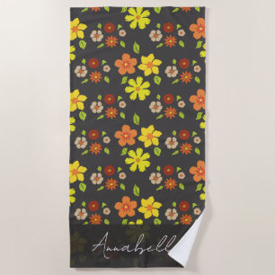 Retro Boho Flower Pattern Personalised Beach Towel