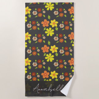 Retro Boho Flower Pattern Personalised  Beach Towel
