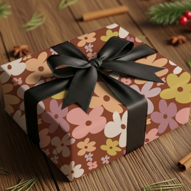 Retro Boho Flower Power Pattern Wrapping Paper (Creator Uploaded)