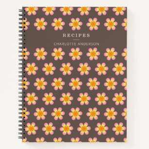 Retro Boho Flowers Brown Personalised Recipe Notebook