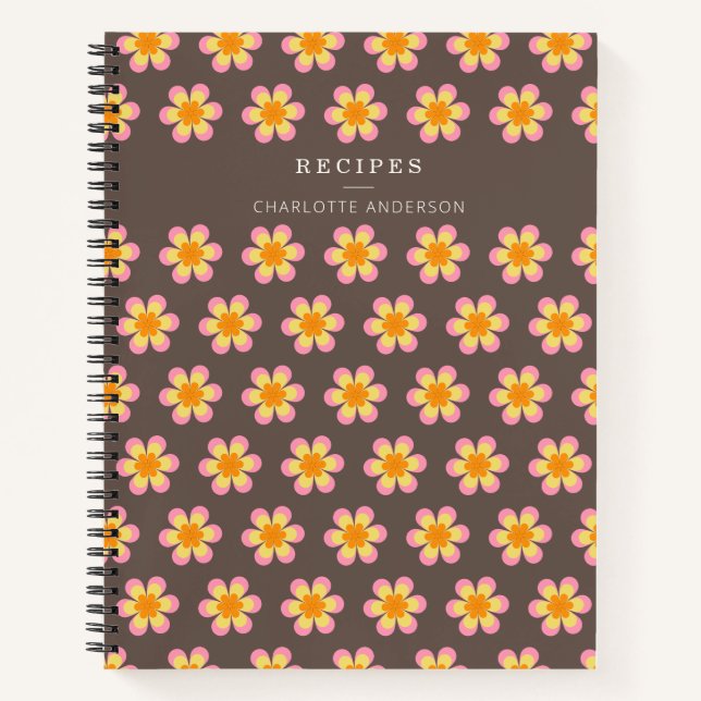 Retro Boho Flowers Brown Personalised Recipe   Notebook (Front)