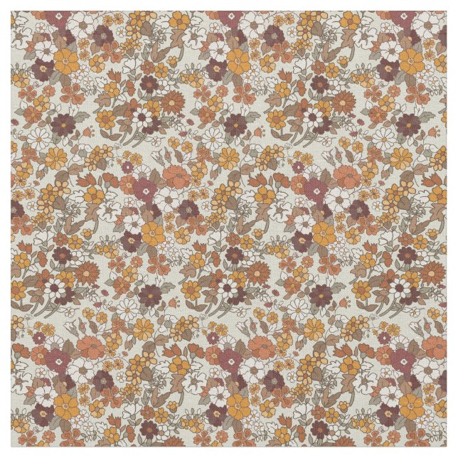 Retro Boho Flowers Mediterranean Pattern Fabric (Close Up)