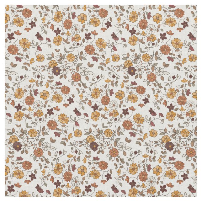 Retro Boho Flowers Mediterranean Pattern Fabric (Close Up)