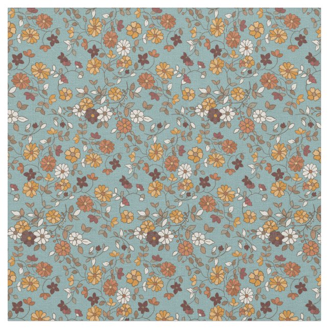 Retro Boho Flowers Mediterranean Pattern Fabric (Close Up)