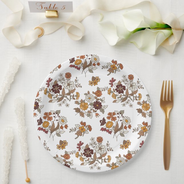 Retro Boho Flowers Pattern  Paper Plate (Wedding)