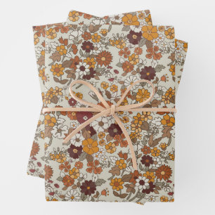 Retro Boho Flowers Pattern  Wrapping Paper Sheet