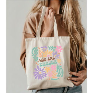 Retro Boho Flowers You Are Enough Mental Health Tote Bag