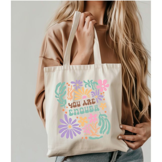Retro Boho Flowers You Are Enough Mental Health Tote Bag (Creator Uploaded)