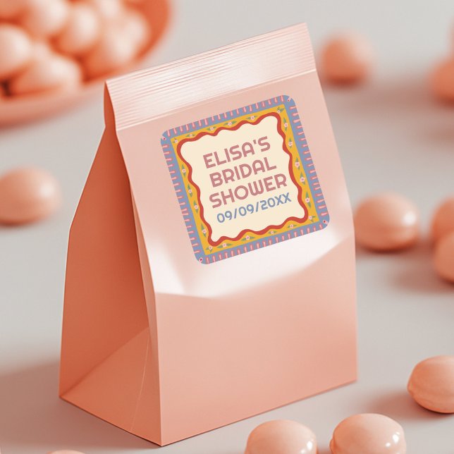 Retro Boho Fun Handmade CUSTOM Bridal Shower  Square Sticker (Creator Uploaded)