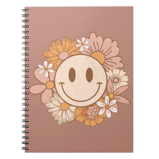 Retro Boho Happy Face, Cute Blush Floral Notebook (Front)