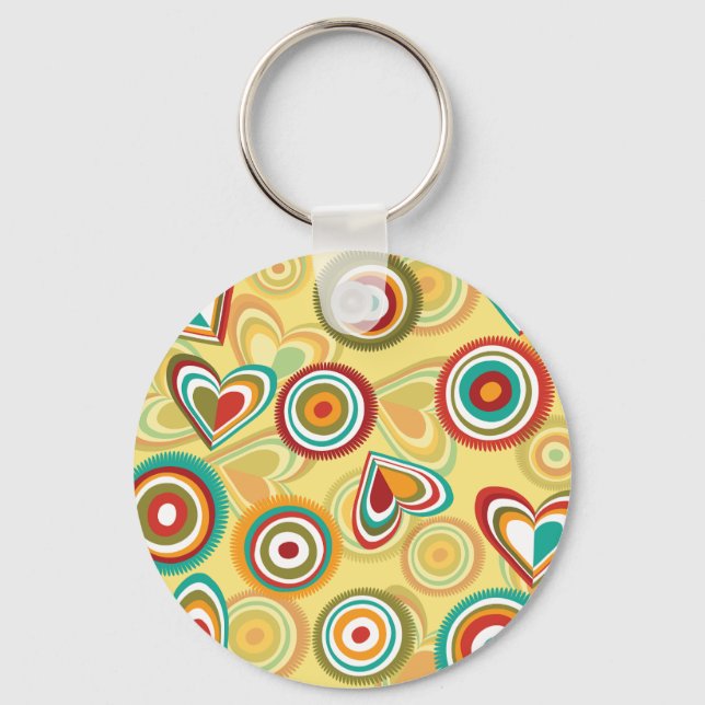 Retro Boho Hearts and Circles 70s Groovy Pattern  Key Ring (Front)