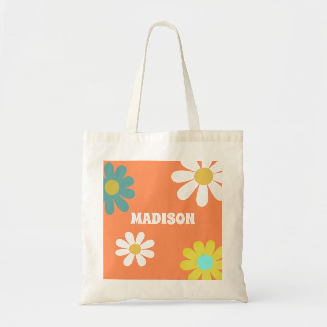 Retro Boho Hippie Daisy Personalised Tote Bag (Front)