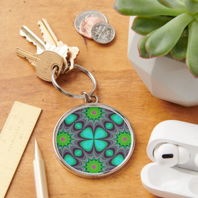 Retro Boho Hippie Green Clover Psychedelic Mandala Key Ring (Desk)