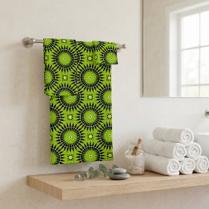 Retro Boho Lime Green Black Geometric Mandala Bath Towel Set