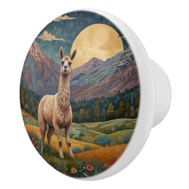 Retro boho llama alpaca mountain landscape  ceramic knob (Right)