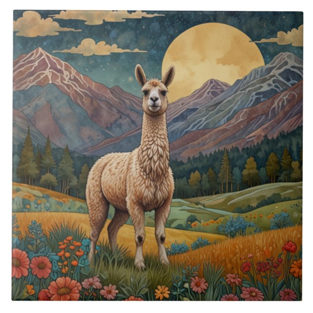 Retro boho llama alpaca mountain landscape  ceramic tile (Front)