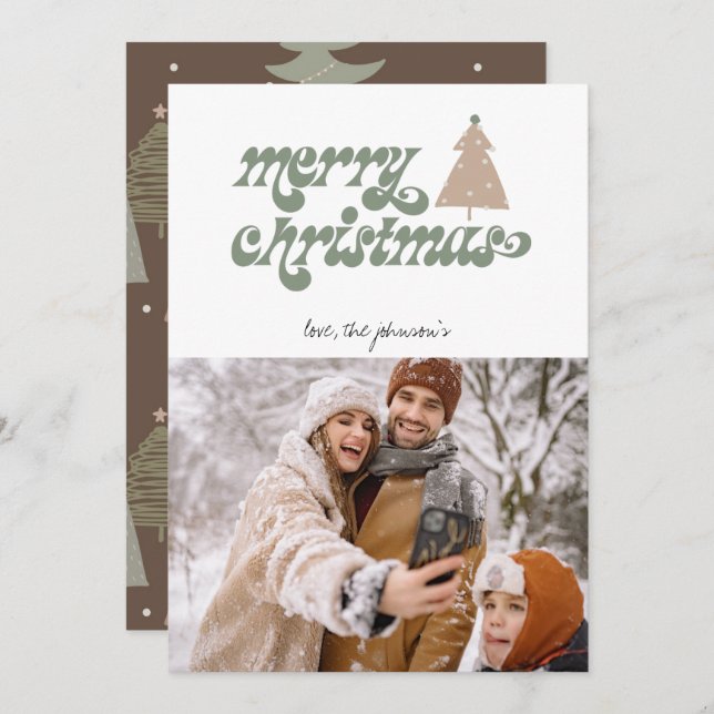 Retro Boho Merry Christmas Photo Holiday Card (Front/Back)