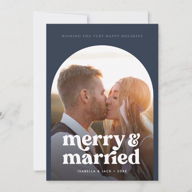 Retro Boho Merry Married Navy Photo  Holiday Card (Front)