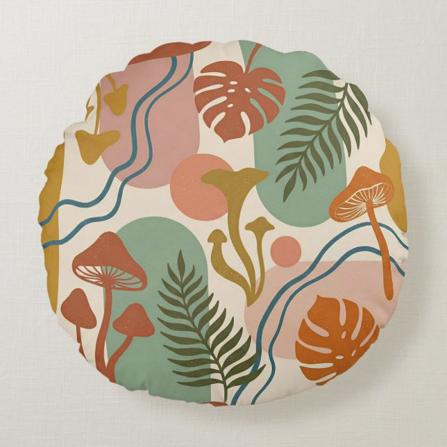 Retro Boho Mushroom & Botanical Earth Tones Round Cushion (Front)