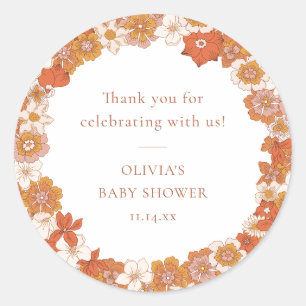 Retro Boho Orange Floral Baby Shower Thank You Classic Round Sticker