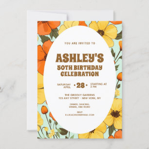 Retro Boho Orange Yellow Floral Cute Birthday  Invitation