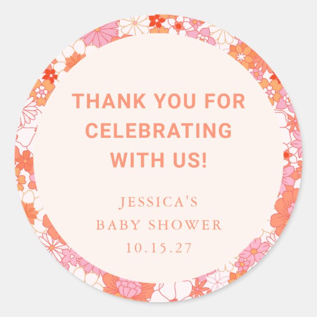 Retro Boho Pink Floral Custom Baby Shower Thanks Classic Round Sticker (Front)