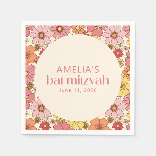 Retro Boho Pink Floral Groovy Bat Mitzvah Custom Napkin (Front)