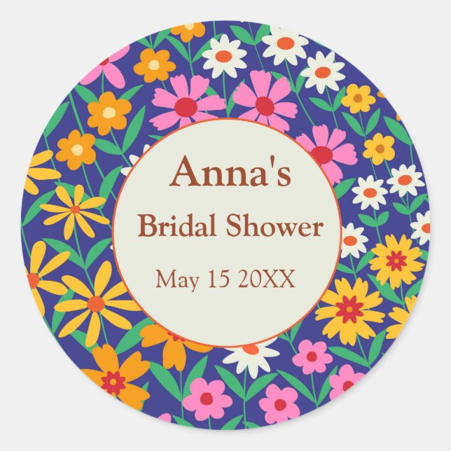 Retro Boho Pink Orange Floral Bridal Shower  Classic Round Sticker (Front)