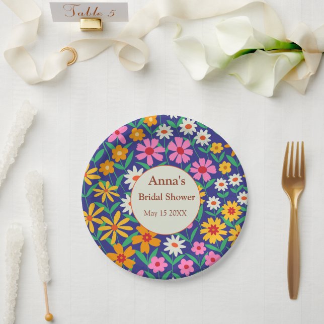 Retro Boho Pink Orange Floral Bridal Shower  Paper Plate (Wedding)