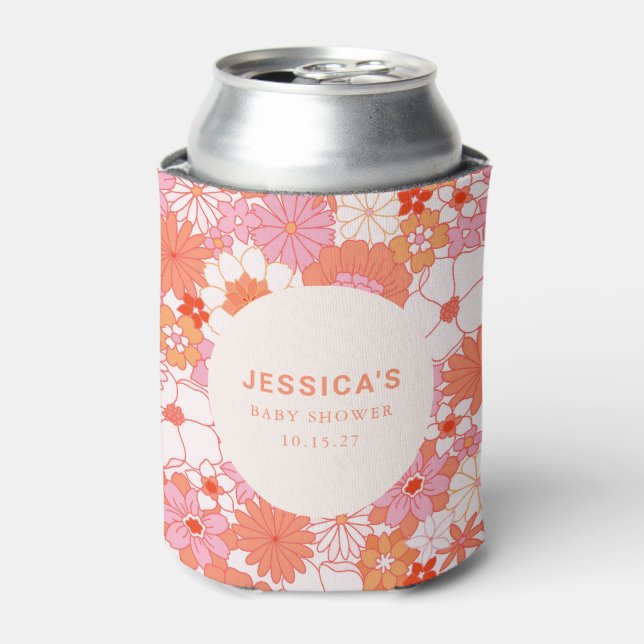 Retro Boho Pink Orange Floral Custom Baby Shower Can Cooler (Can Front)