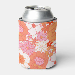 Retro Boho Pink Orange Floral Cute Flowers Can Cooler