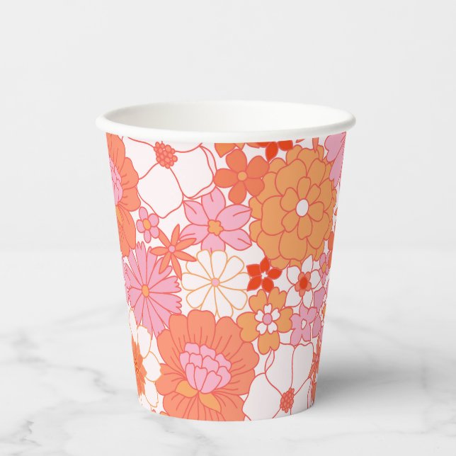 Retro Boho Pink Orange Floral Cute Flowers Paper Cups (Front)