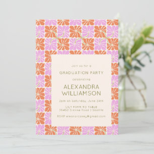 Retro Boho Pink Orange Floral Graduation Party Invitation