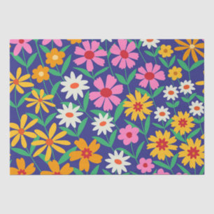 Retro Boho Pink orange Floral Pattern on navy blue Tissue Paper