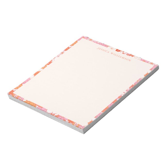 Retro Boho Pink Orange Floral Personalised Name Notepad (Rotated)