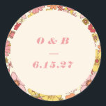 Retro Boho Pink Orange Floral Wedding Monogram Classic Round Sticker<br><div class="desc">Retro Boho Pink and Orange Floral Groovy Wedding Monogram Invitation</div>