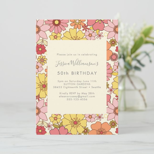 Retro Boho Pink Yellow Floral Groovy 50th Birthday Invitation (Standing Front)