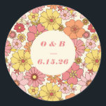 Retro Boho Pink Yellow Floral Wedding Monogram Classic Round Sticker<br><div class="desc">Retro Boho Pink Yellow Floral Groovy Wedding Monogram Invitation</div>