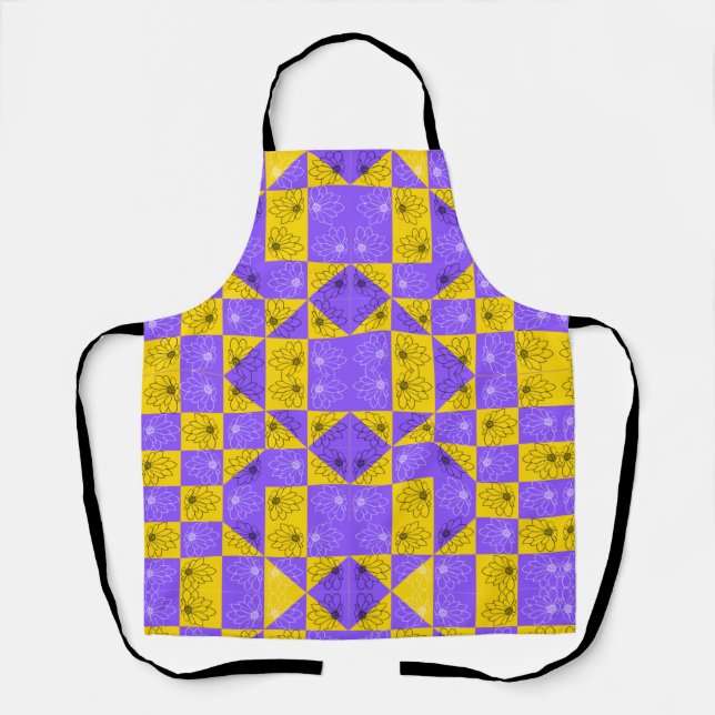 Retro Boho Purple & Yellow Daisy Chequerboard Apron (Front)