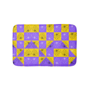 Retro Boho Purple & Yellow Daisy Chequerboard Bath Mat