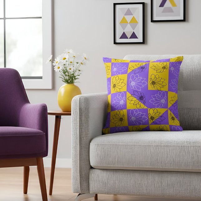 Retro Boho Purple & Yellow Daisy Chequerboard Cushion (Creator Uploaded)