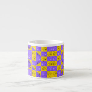 Retro Boho Purple & Yellow Daisy Chequerboard Espresso Cup
