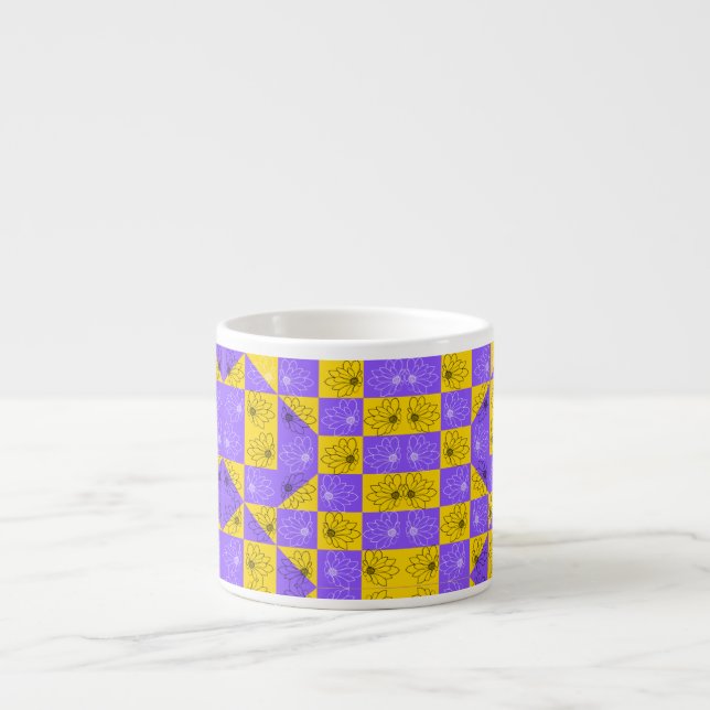 Retro Boho Purple & Yellow Daisy Chequerboard Espresso Cup (Front)