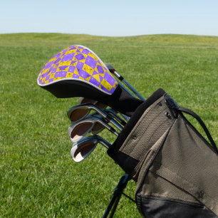 Retro Boho Purple & Yellow Daisy Chequerboard Golf Head Cover