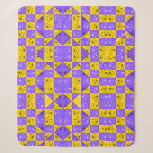 Retro Boho Purple & Yellow Daisy Chequerboard Sherpa Blanket