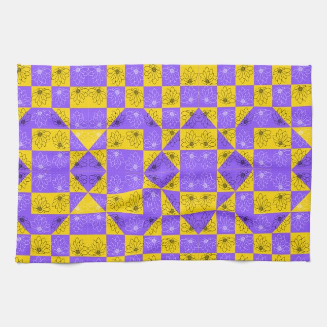 Retro Boho Purple & Yellow Daisy Chequerboard Tea Towel (Horizontal)