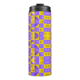 Retro Boho Purple & Yellow Daisy Chequerboard Thermal Tumbler